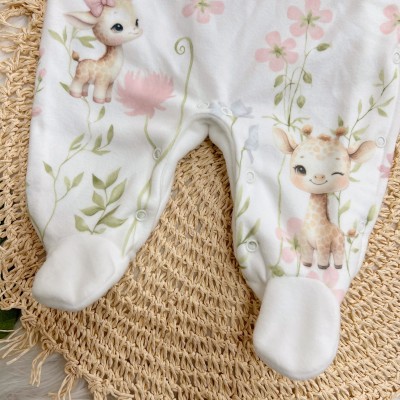 Macacão em Soft Girafinhas com Flores Rosas - Off White